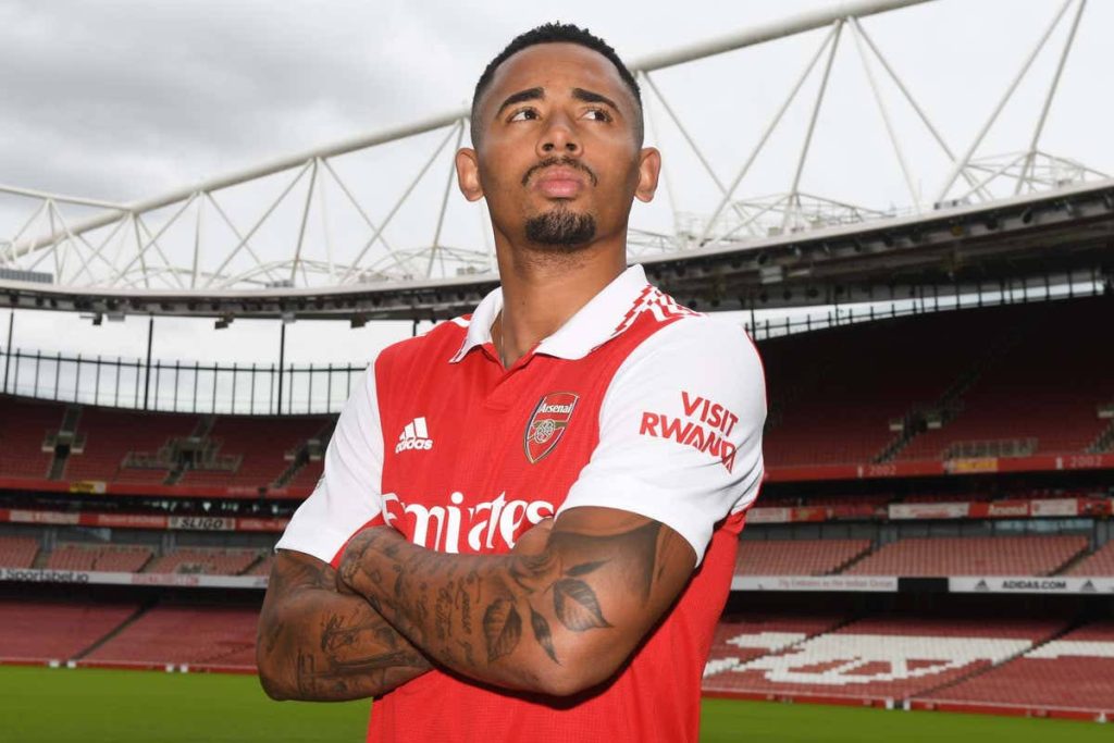 Gabriel Jesus Arsenal Emirates Stadium high resolution wallpaper red white kit confident pose