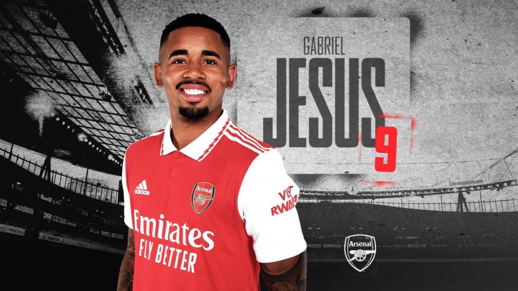 Gabriel Jesus Arsenal wallpaper smiling striker number 9 red white kit Emirates Stadium background