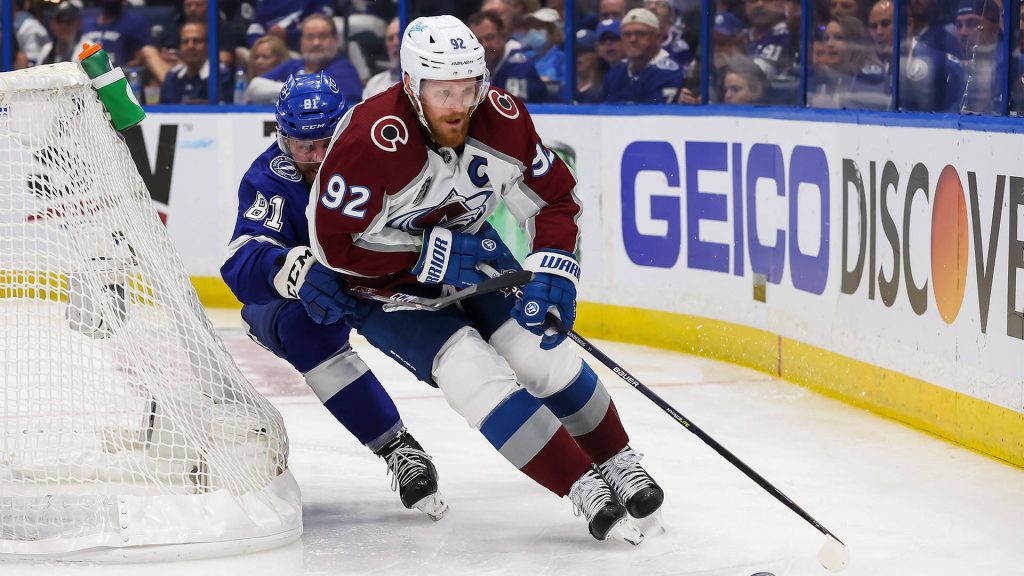Gabriel Landeskog and Erik Cernak intense NHL hockey battle near the net action wallpaper