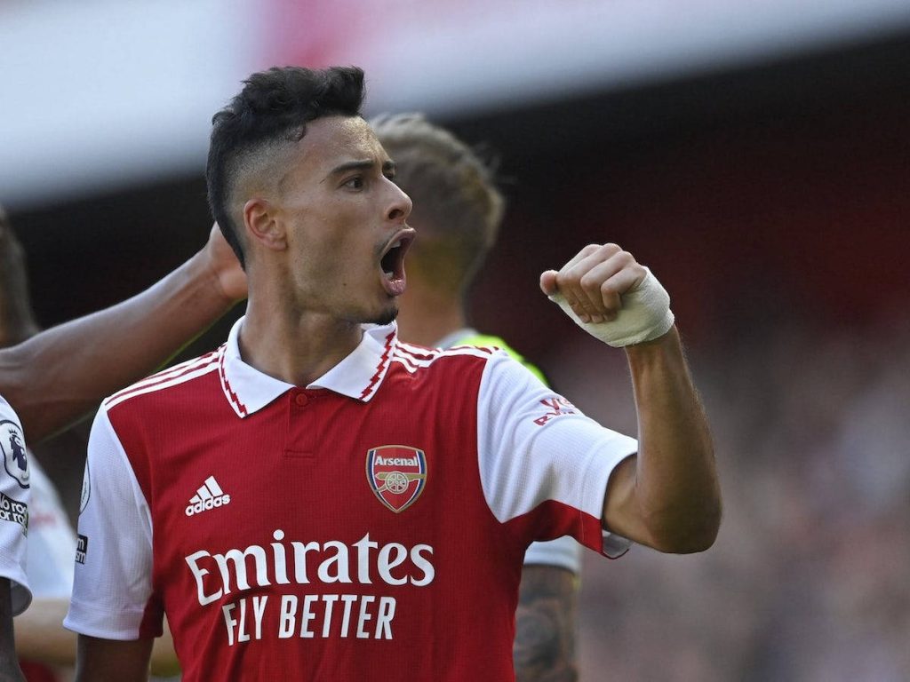 Gabriel Martinelli Arsenal celebrating with fist pump in red white Adidas kit high resolution wallpaper