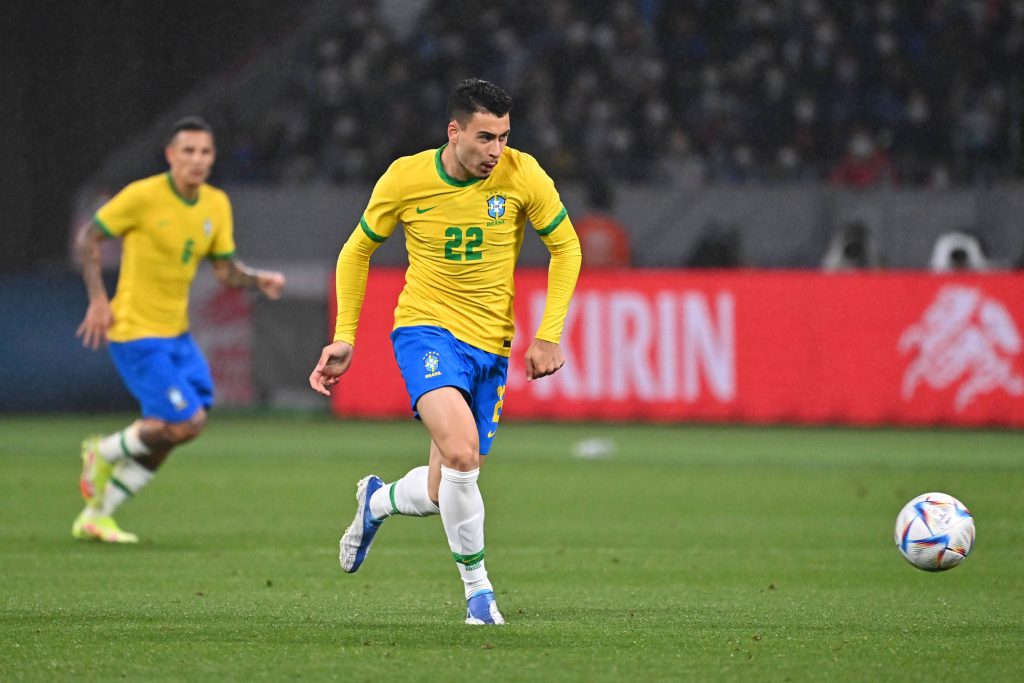 Gabriel Martinelli in Brazil football kit focused in action vibrant high quality sports wallpaper