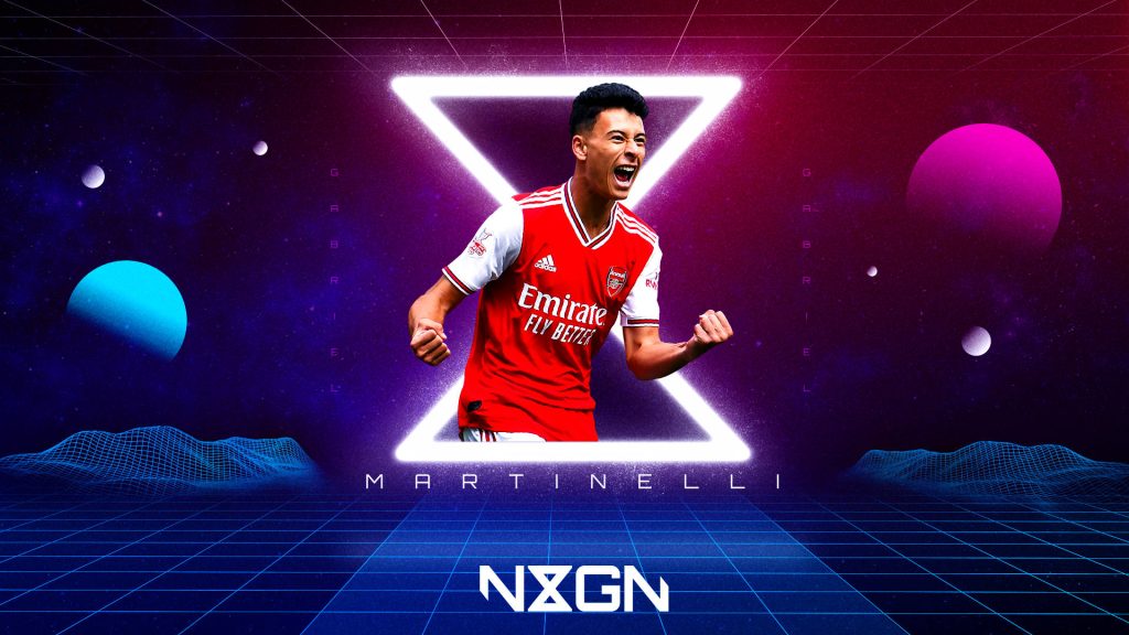 Arsenal Gabriel Martinelli celebrating digital art wallpaper neon galaxy synthwave grid design