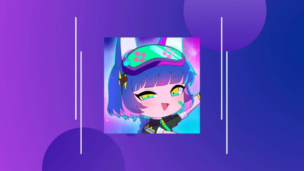 Gacha Club bunny ears character with cyberpunk goggles neon accents cosmic vibrant wallpaper