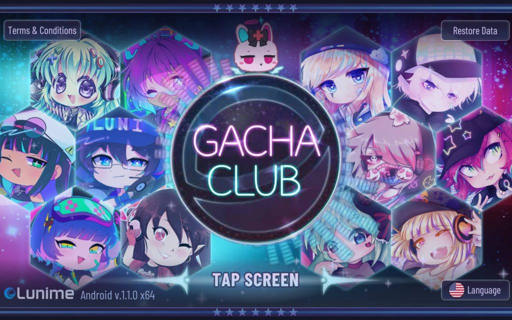 Gacha Club title screen with neon logo cute bunny mascot and colorful anime chibi characters background Wallpaper