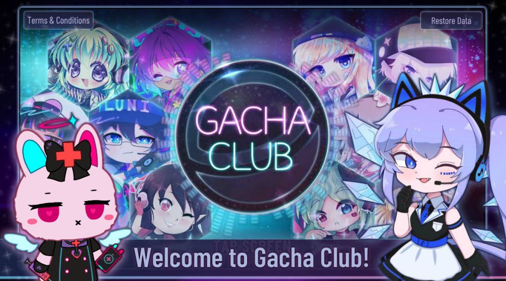 Gacha Club welcome screen wallpaper with chibi anime characters neon logo dark background