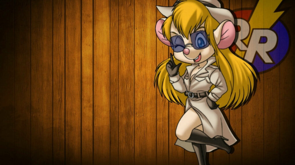 Gadget Hackwrench in trench coat against wooden panel background clever adventurous spirit wallpaper