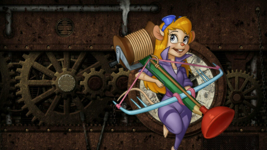 Gadget Hackwrench holding a creative crossbow with mechanical gears wallpaper background