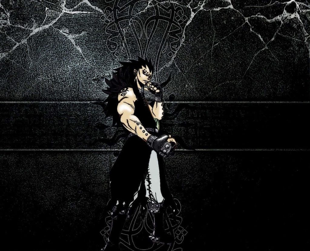 Gajeel Redfox Fairy Tail anime wallpaper intense pose dark textured background piercings