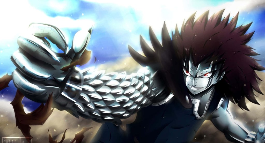 Gajeel Redfox roaring with iron-scaled arm in intense Fairy Tail anime digital wallpaper background