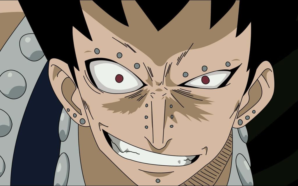 Close-up of Fairy Tail Iron Dragon Slayer Gajeel Redfox with piercing grin in 2D art style Wallpaper