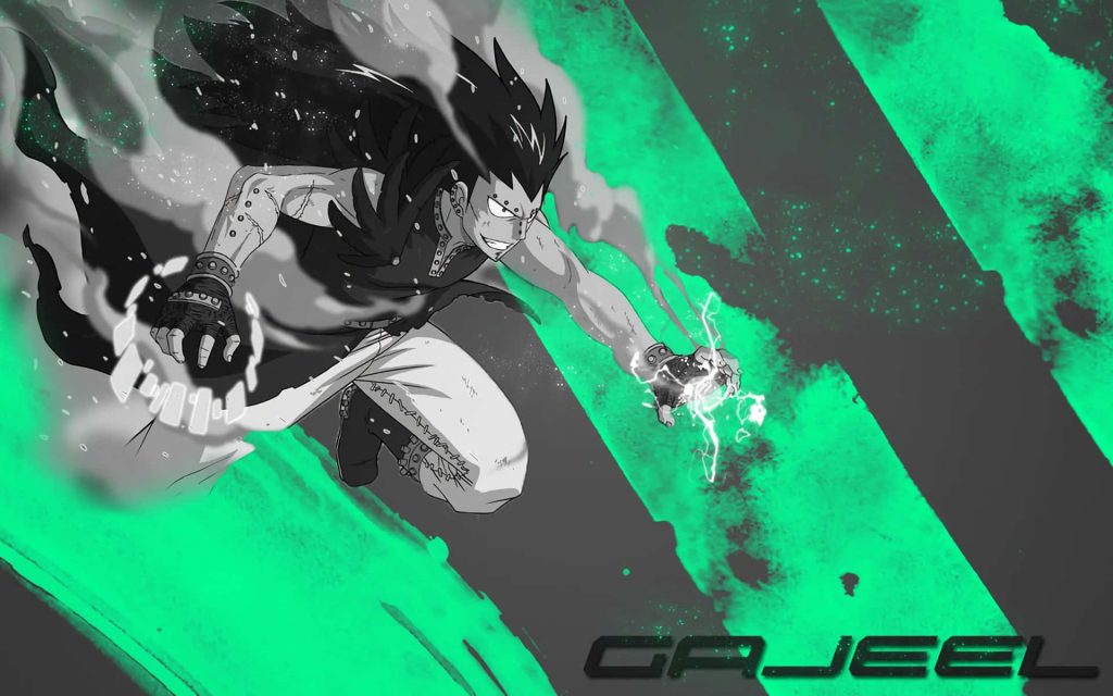 Gajeel Redfox Fairy Tail fierce combat stance neon green energy dynamic anime wallpaper background