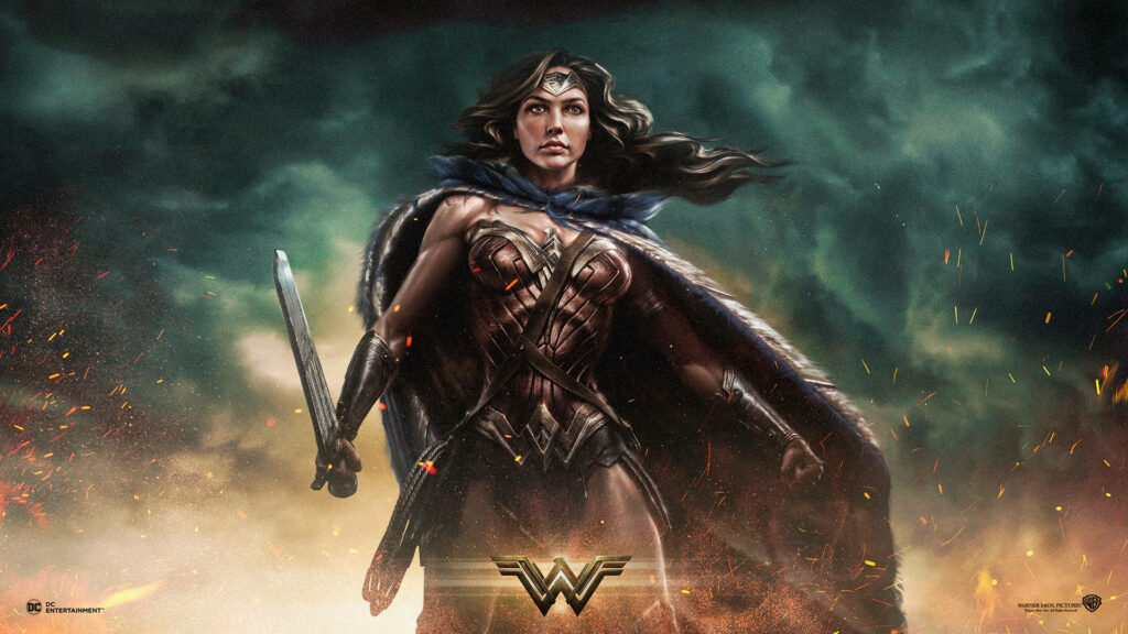 Gal Gadot as Wonder Woman in iconic armor ready for battle against fiery dramatic sky background Wallpaper