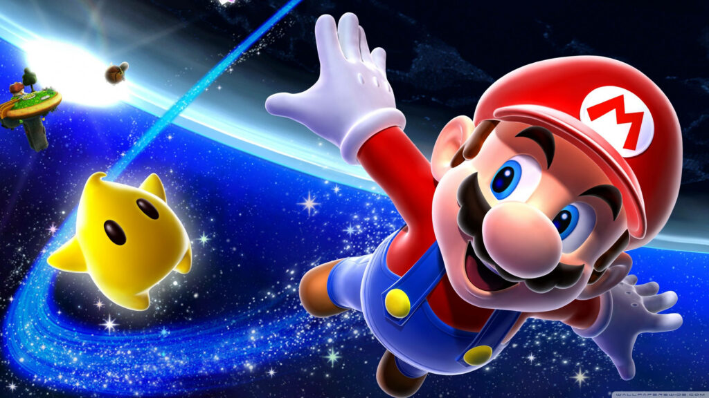 Galactic Adventures of Mario: 4K Super Mario Galaxy Desktop Wallpaper featuring Mario's Spaceship Soaring Through Space