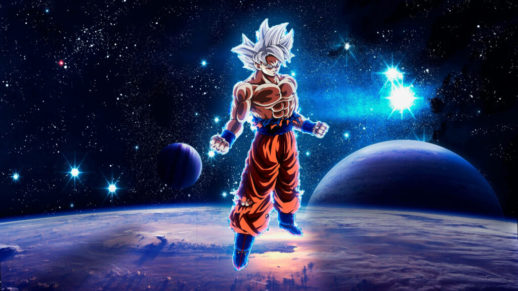 Spacebound Super Saiyan: Goku's Shirtless Ascension in 4K Ultra HD Wallpaper