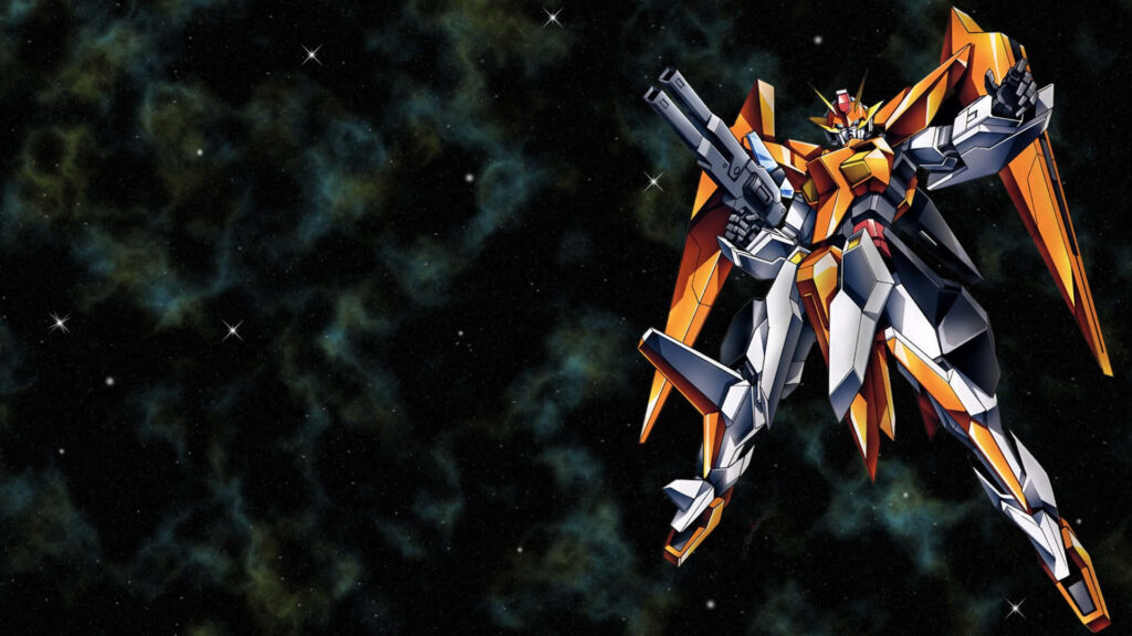 Galactic Glory: Orange and White Gundam Desktop Wallpaper