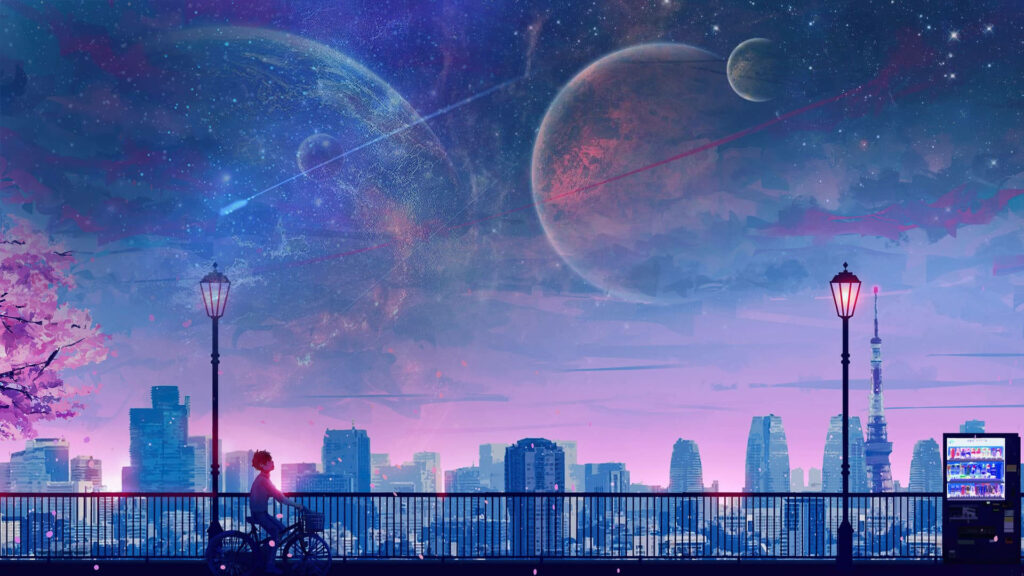 Galactic Tokyo Ride: An Anime Wallpaper with Ethereal Vibes