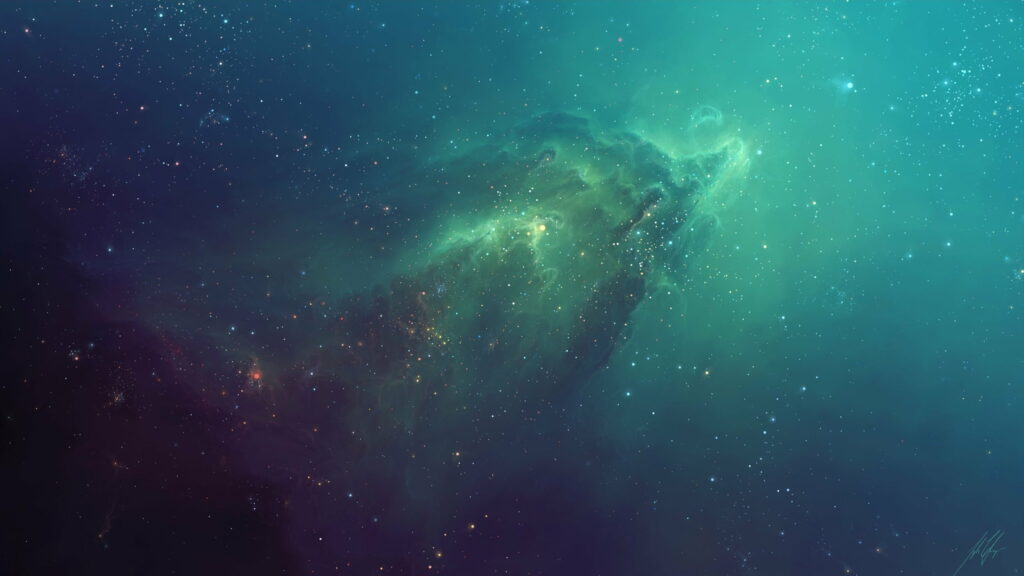 Galactic Bliss: TylerCreatesWorlds' Outer Space Illustration Featuring a Green Nebula and Twinkling Stars Wallpaper