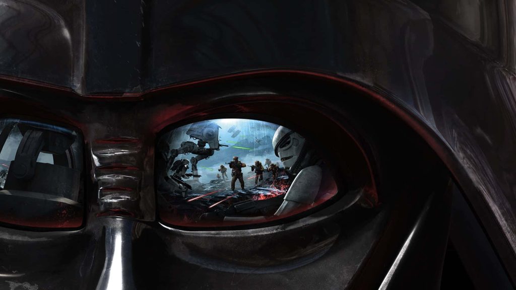 Darth Vader helmet reflecting Star Wars battle with AT-ST walker Stormtroopers TIE fighters Wallpaper