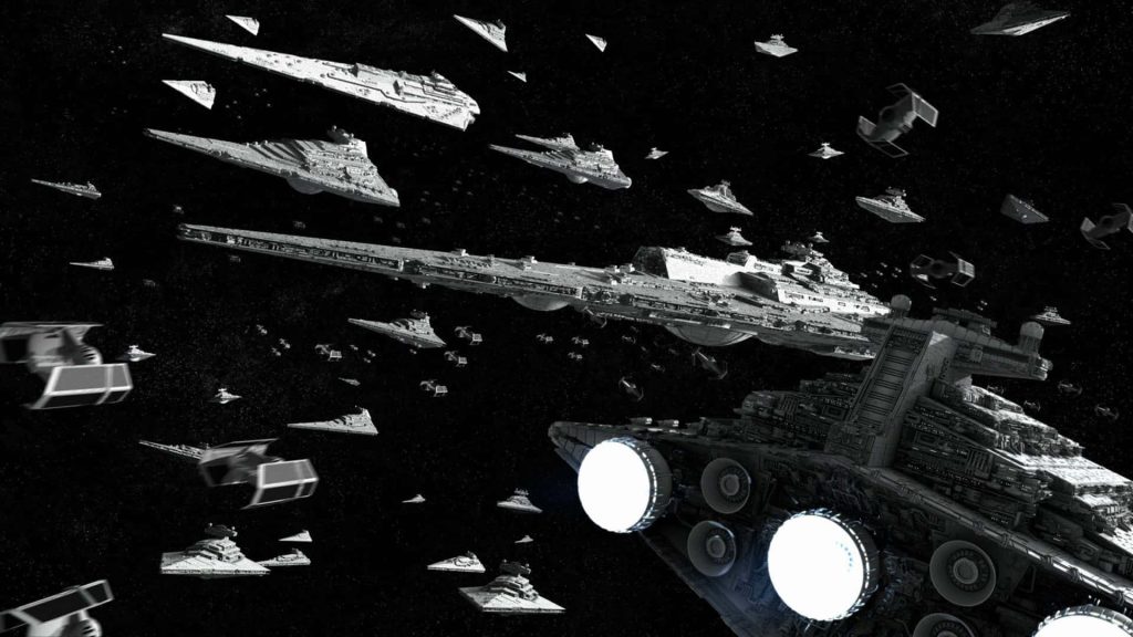 Executor-class Super Star Destroyer leads fleet of Imperial Star Destroyers and TIE fighters in space Wallpaper
