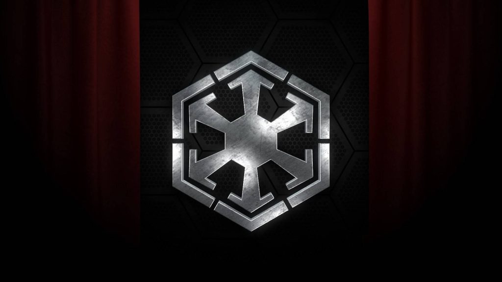 Metallic Galactic Empire emblem on dark hexagonal background with red curtains Star Wars wallpaper