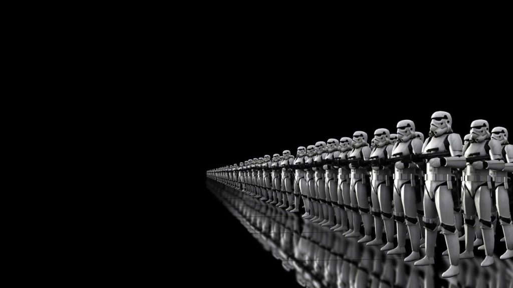 Imperial Stormtroopers in crisp white armor lined up on glossy floor Star Wars wallpaper background