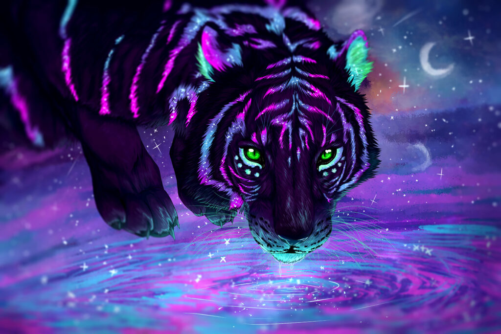 Tiger's Cosmic Quench: Immersed in a Neon Purple Cosmos Wallpaper