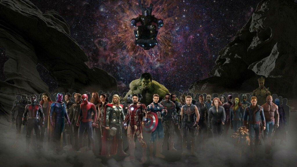 Avengers Infinity War wallpaper Thanos with Iron Man Thor Hulk Captain America cosmic nebula background