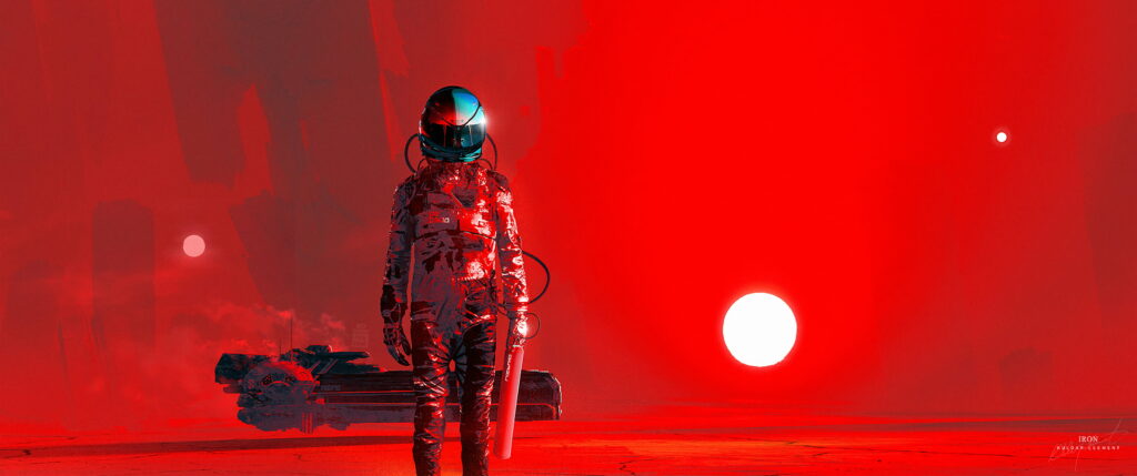 Interstellar Warrior: Futuristic Iron Astronaut Defying Gravity in Digital Art Wallpaper