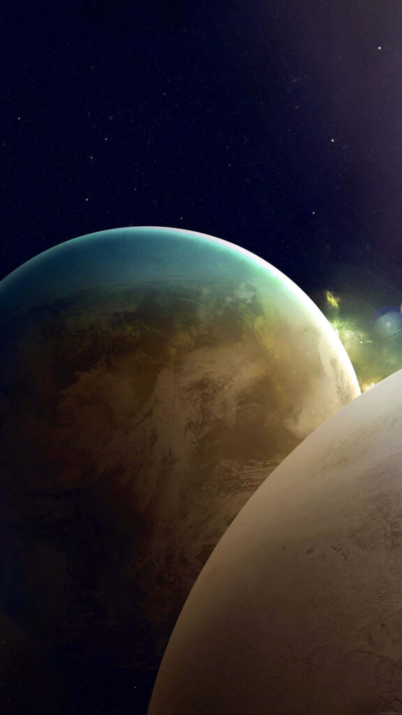 Cosmic wallpaper featuring two detailed planets in a starry universe backdrop.