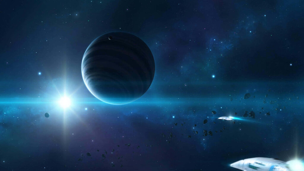 Vibrant galaxy wallpaper: Massive planet, glowing stars, and futuristic spacecraft in asteroid field.