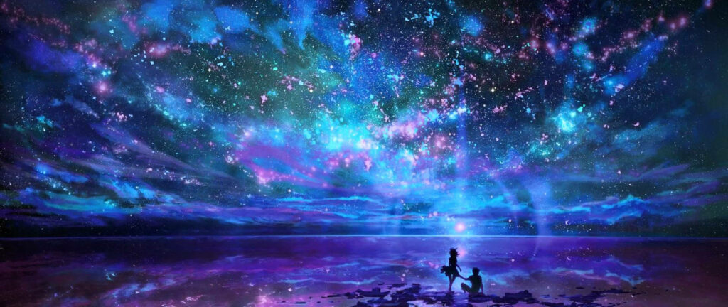 Stargazing Couple Embracing the Mesmerizing Cosmic Symphony Wallpaper