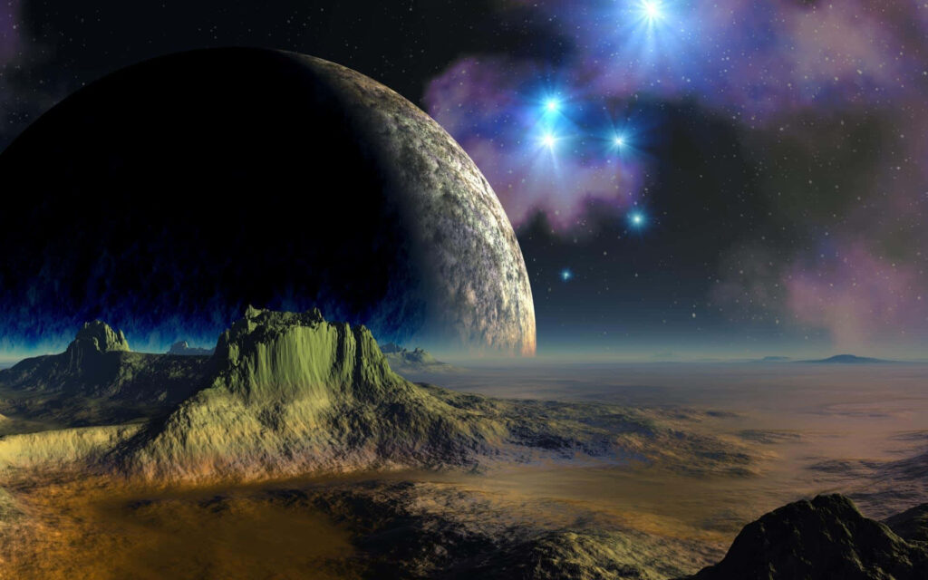Stunning space-themed wallpaper with a glowing planet, stars, and alien landscape.