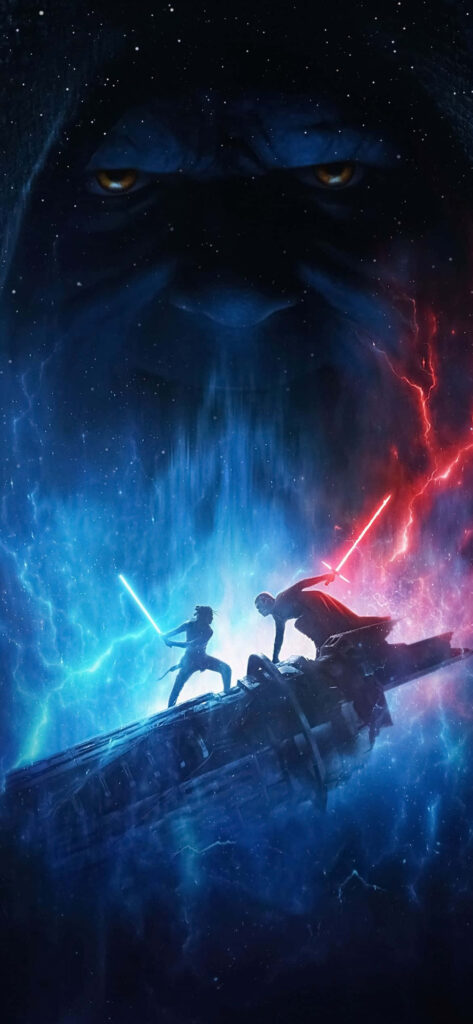 Galactic Showdown: An Epic Duel between Luke Skywalker and Darth Vader Amidst Spaceship Skies - HD Background Image from Star Wars: The Rise of Skywalker (2019) Wallpaper