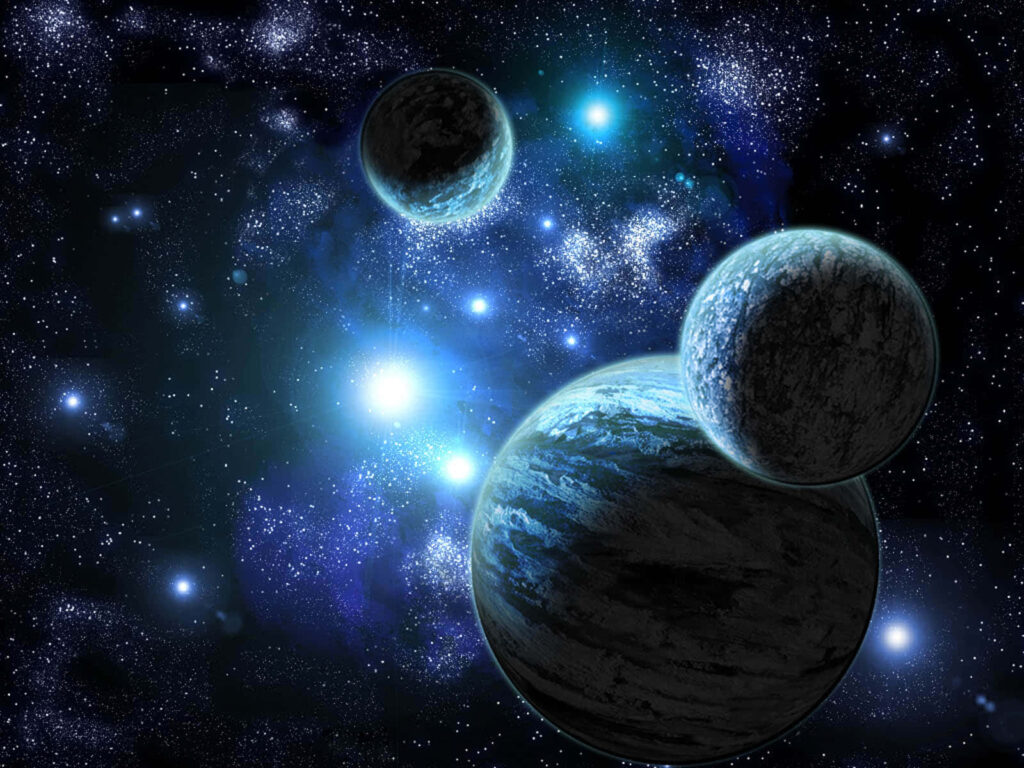 Stunning cosmic wallpaper with glowing stars, galaxies, and three vivid planets in deep space.