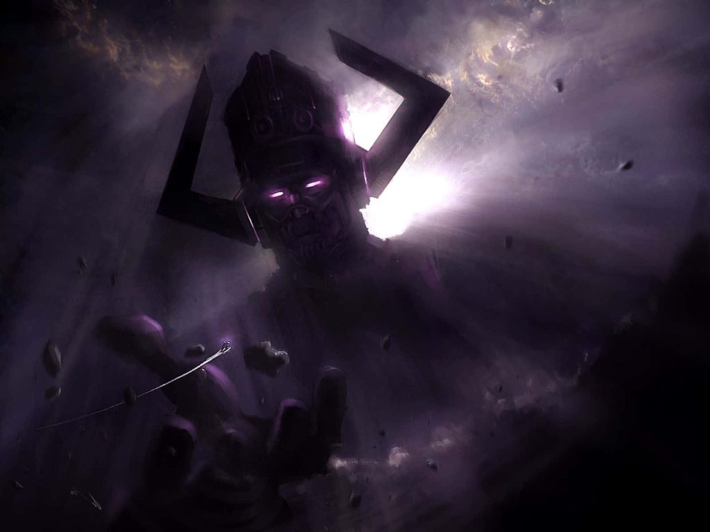 Galactus cosmic Devourer of Worlds with glowing eyes over space debris dark ethereal wallpaper