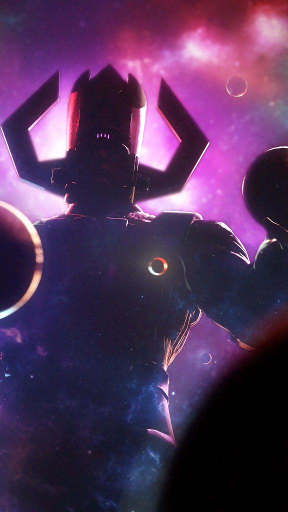 Galactus digital art wallpaper with glowing chest emblem and horned helmet in purple nebula background