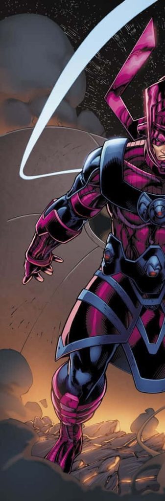 Galactus towering in purple armor over rocky landscape cosmic Marvel villain wallpaper background