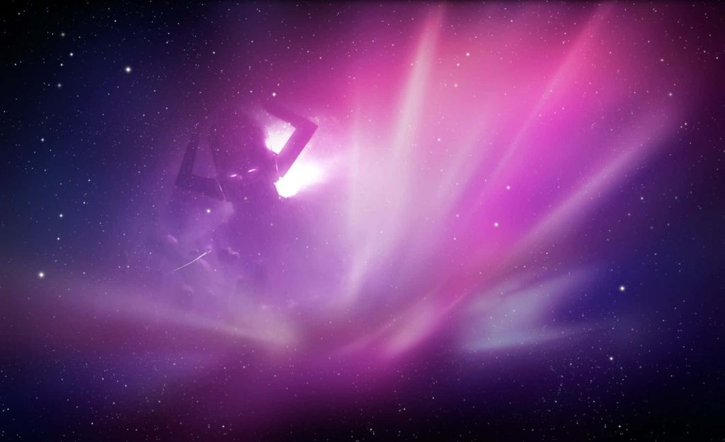 Galactus silhouetted against vibrant purple nebula cosmic wallpaper for desktop background