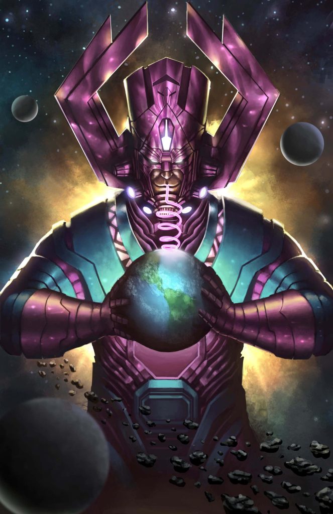 Galactus Devourer of Worlds digital art in purple armor consuming Earth with cosmic backdrop Wallpaper