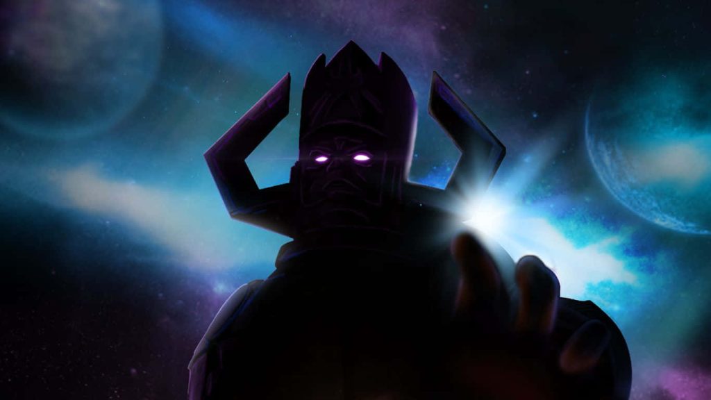 Galactus silhouette with glowing purple eyes reaching forward in vibrant cosmic space background Wallpaper