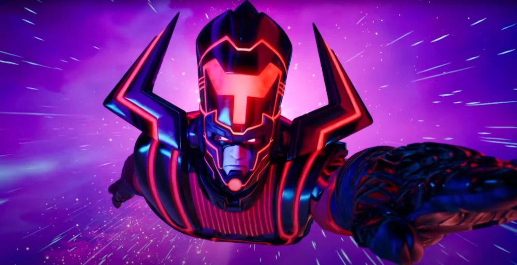 Galactus Fortnite wallpaper CGI art flying in hyperspace with glowing red and purple helmet accents