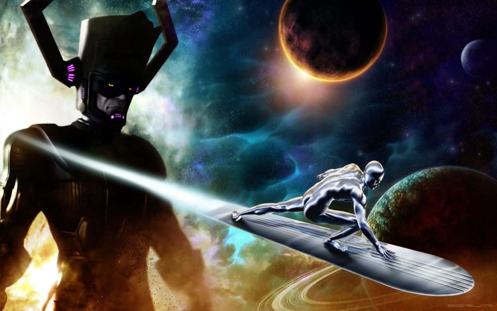 Galactus and Silver Surfer clash in vibrant cosmic digital art with nebulae and planets background Wallpaper