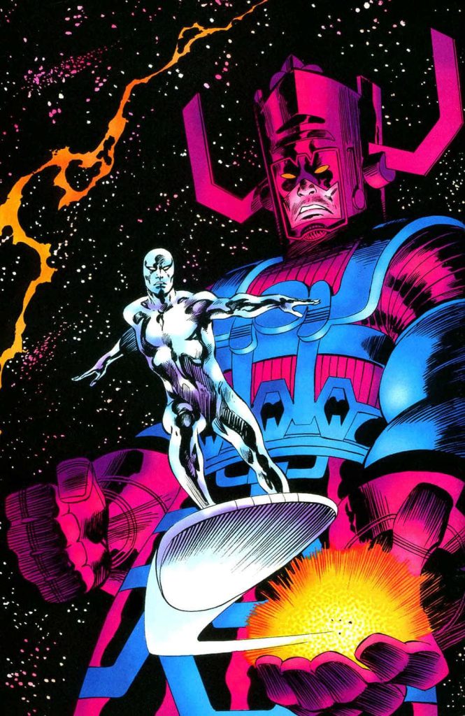 Galactus and Silver Surfer cosmic wallpaper vibrant deep space Marvel superhero art background