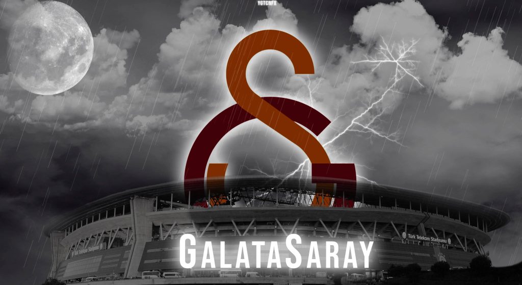 Dramatic Galatasaray SK emblem over Turk Telekom Stadium in stormy night with lightning bolt Wallpaper