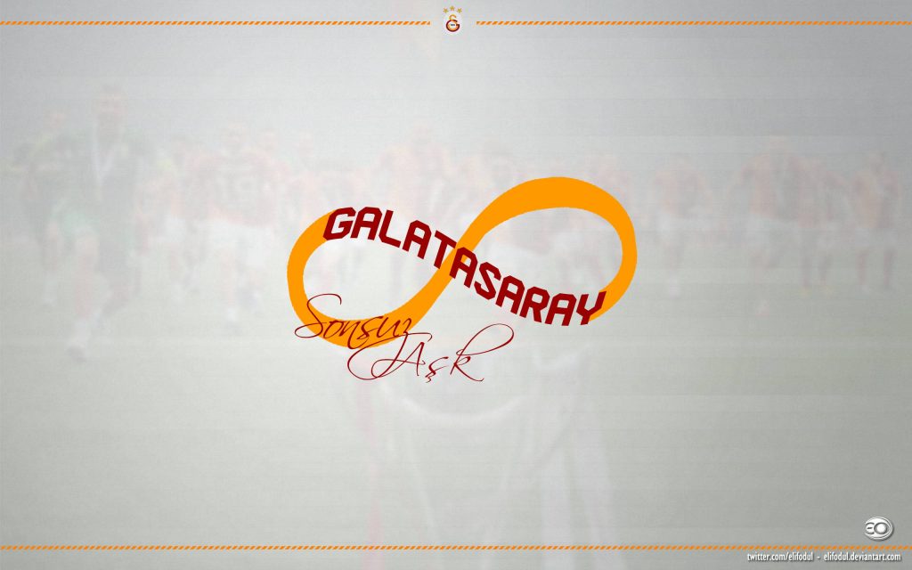 Galatasaray SK wallpaper with orange infinity symbol Sonsuz Aşk cursive on blurred stadium background