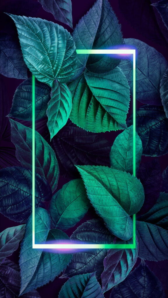 Dark green foliage framed by glowing cyan neon rectangle modern botanical wallpaper background