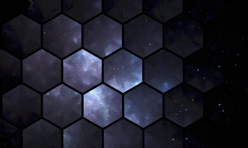 Galaxy hexagon pattern wallpaper with cosmic nebula and black honeycomb geometric grid design