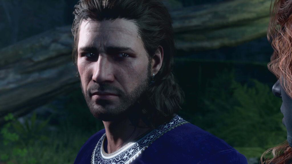 Close-up of Gale from Baldurs Gate 3 with thoughtful expression and detailed forest background Wallpaper