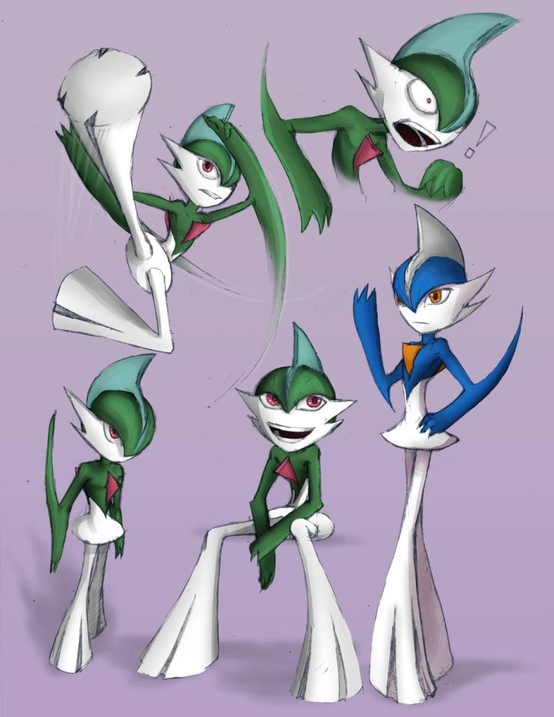 Digital art collage of Psychic Fighting type Gallade in green and shiny blue on lavender background Wallpaper