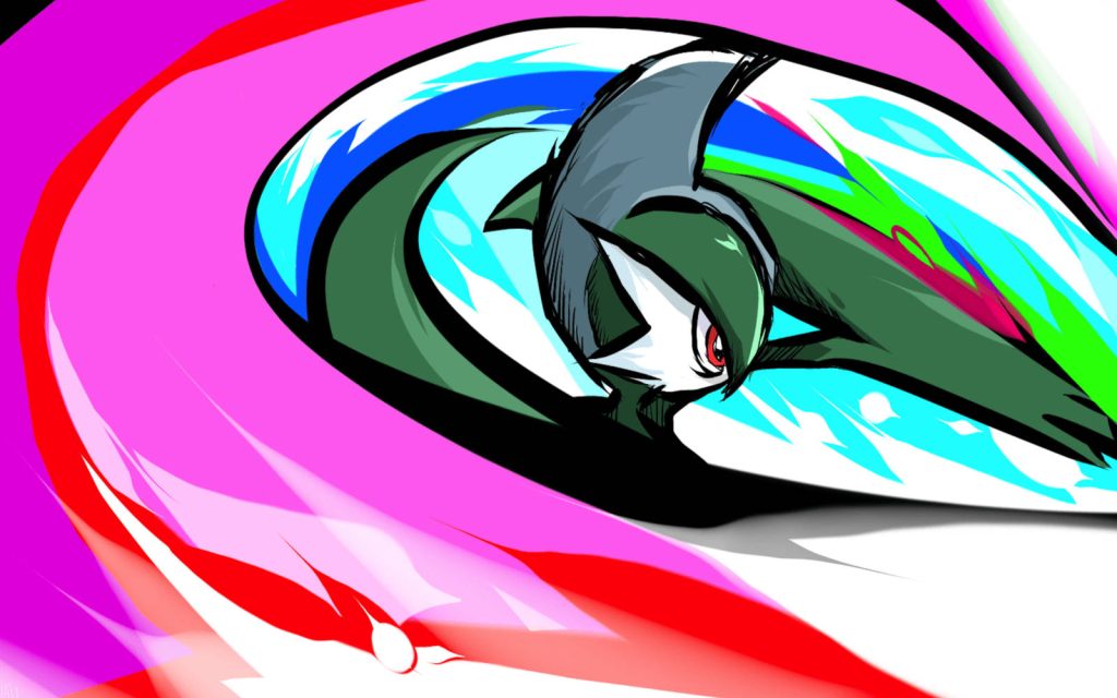 Gallade Pokémon digital art wallpaper with dynamic slash and vibrant pink red cyan lights